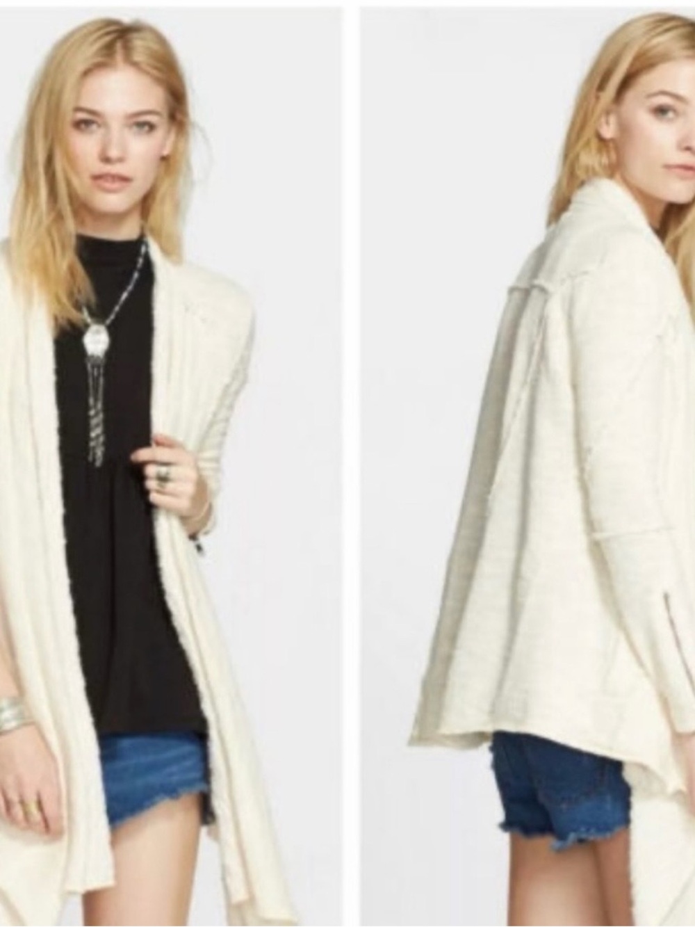 Free People “In The Loop” Asymmetrical Open-Front Cream Drape Cardigan